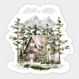 Watercolor Cabin in The Evergreen Forest Sticker